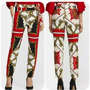 7th Avenue New York & Co White, Red & Gold Scarf Print Pants 6 NWT Madie